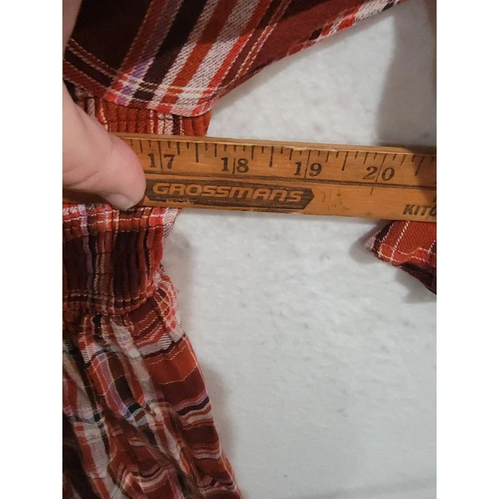 Torrid 00 Large Rust Plaid‎ Cold Shoulder Smocked Blouse Button Detail Rayon Top